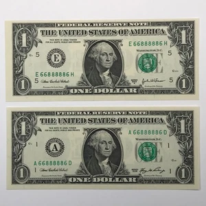 2003A/2006 $1 FRN *MATCHING Fancy Serial Number PAIR* Binary 66888886 -UNC 6s 8s - Picture 1 of 2