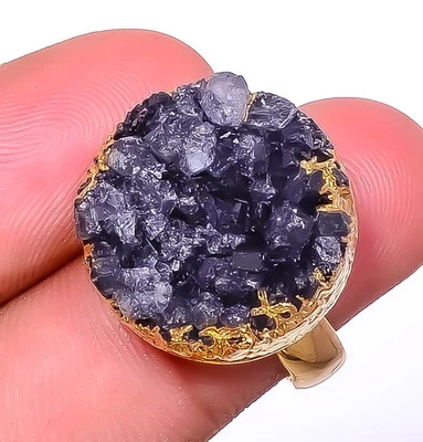 Anel de latão rosa Botsuana ágata drusa design antigo eletroformado ajustável - Imagem 1 de 4