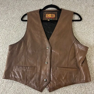 Chaleco de cuero marrón G-III para mujer talla L bolsillos delanteros a presión sin mangas capas Foto 1 de 4