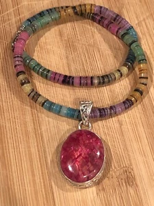 Hot Pink Fuchsia Crackle Agate Gemstone Amulet Cabachon Pendant Rainbow Sterling - Picture 1 of 4