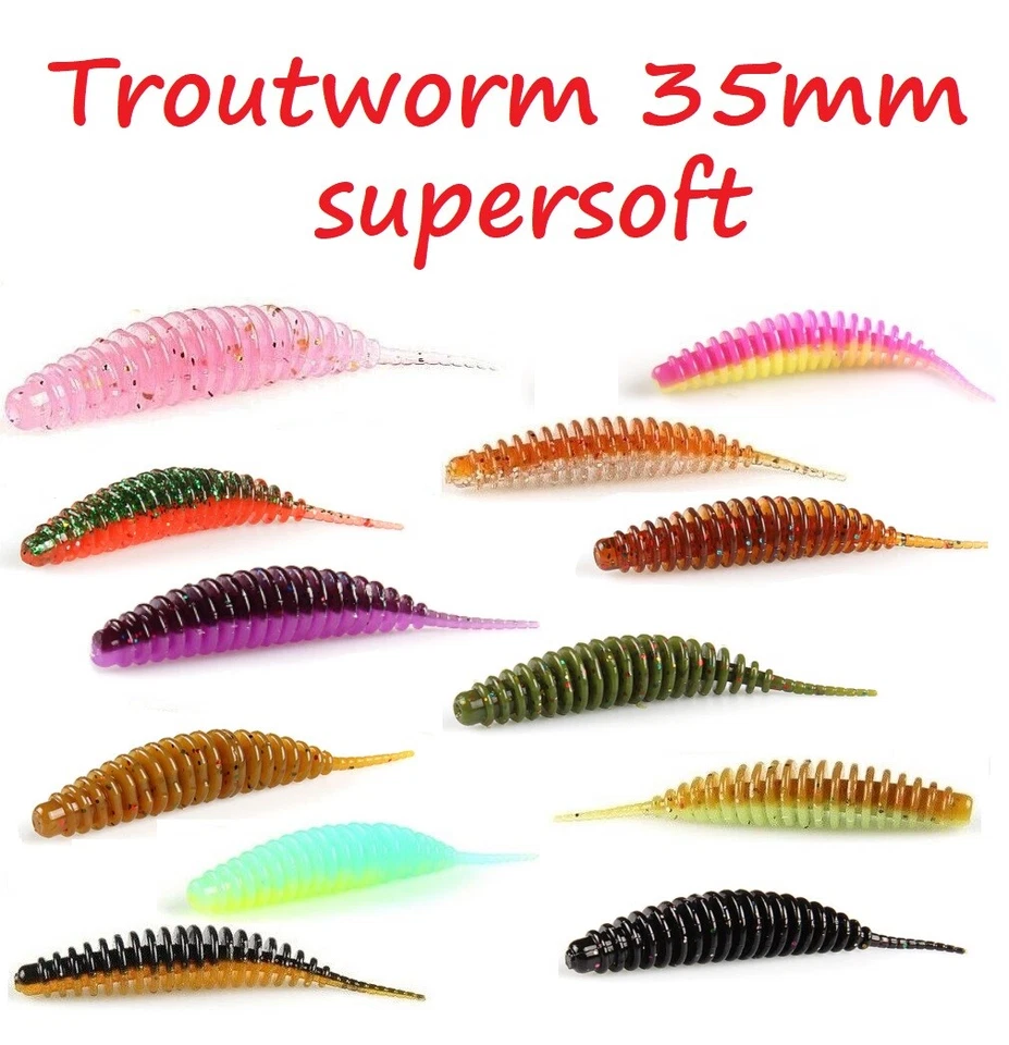 10x Trout Worm Feinripp 3,5cm Gummiköder für Forelle 10 Aromen & 16 Farben Area - Bild 1 von 1