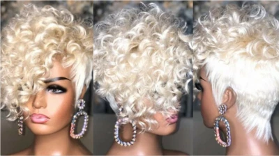 Peluca corta platino rubia afro rizada corte pixie pelo sintético para mujer peluca de fiesta Foto 1 de 4