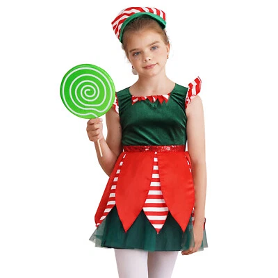 Kids Girls Santa Claus Costume Mesh Dress With Hat Sequins Christmas Costume - Image 1 of 4