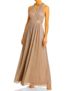 Eliza J Shimmering Cutout Halter Gown 10 Metallic Champagne Embellished Goddess - Picture 1 of 16