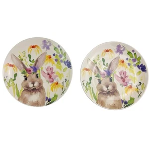 Prima Design Easter Bunny Plates Set of 2 Ceramic Rabbit Watercolor Floral 8.5” - Picture 1 of 10