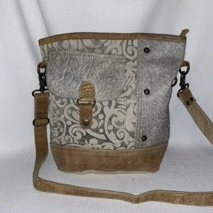 MYRA Tasche grau hellbraun Canvas Haare auf Fell Leder Crossbody Westerntasche - Bild 1 von 9