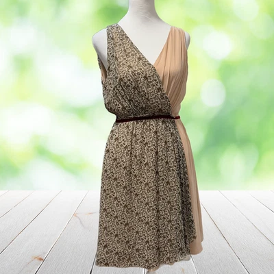 Vestido ANNIE HAVLICEK tamanho 4 seda marrom blush vintage floral assimétrico grego - Imagem 1 de 4