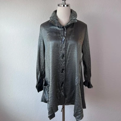 Vintage Y2K Silver Metallic Satin Button Up Oversized Shirt sz Small Whimsigoth - Image 1 of 4