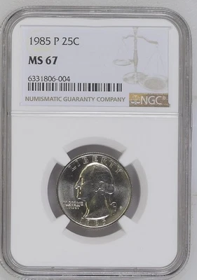1985 Washington Quarter NGC MS67 Brilliant White Spotless - Image 1 of 2
