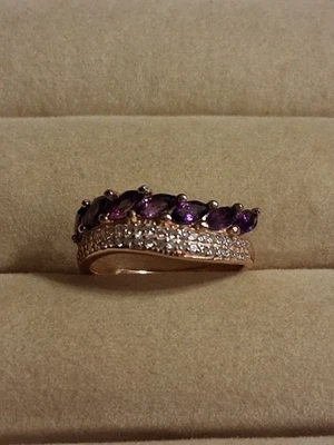 Amatista 5x3mm y circonitas circonitas simuladas, placa de oro rosa de 14K plata de ley 925, talla 8,5 Foto 1 de 4