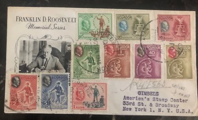 Estampillas F Roosevelt de Ecuador 1948 portada de primer día de FDC a Nueva York Estados Unidos #688/97 Foto 1 de 2