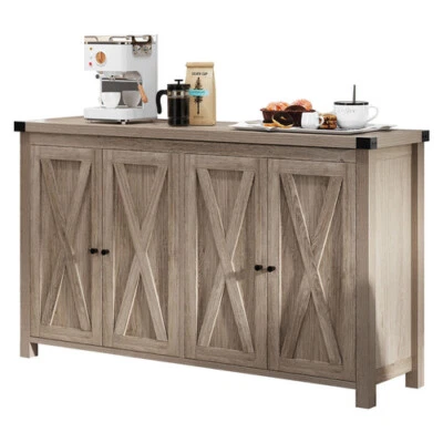 Farmhouse Kitchen Sideboard Buffet Coffee Cabinet with 4 Barn Door Wood Cupboard - Image 1 of 4