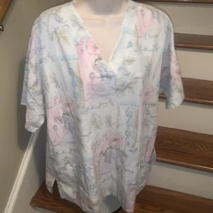 CHEROKEE Comfort Scrubs Top Shirt PASTEL FLORAL BEAUTY XL 25" Chest  💗191 - Picture 1 of 5