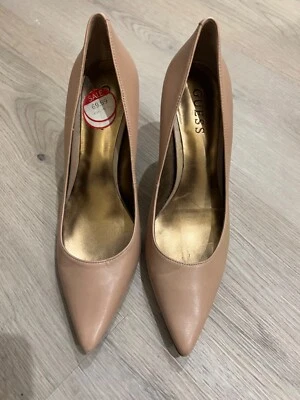 Guess Pointed Toe Leather Pump with Wood Heel, Beige, Size 7.5 - Image 1 of 3