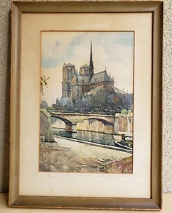 Vintage Lithograph Watercolor Painting  by MARC  “Notre Dame de Paris & - Picture 1 of 9