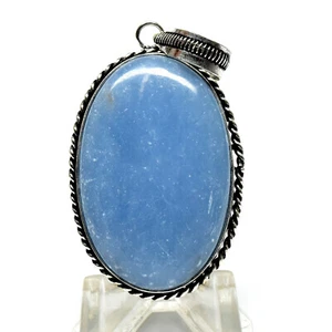 45mm Blue Angelite Oval Pendant Silver Plated Natural Mineral Necklace - Peru - Picture 1 of 4