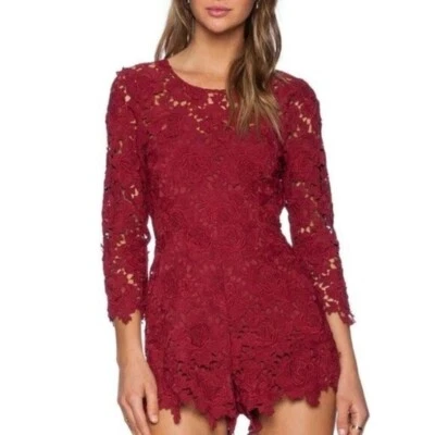 Lovers + Friends Revolve Peony Floral Lace Open Cut Out Back Romper Wine Red XS - image 1 of 4