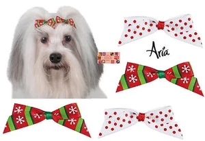 48 -Christmas HOLIDAY DOG BARRETTE BOW"Candy Cane"Snowflake Grooming HAIR RIBBON - Picture 1 of 4