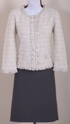 Chaqueta y falda ST.JOHN para mujer tejida tweed con flecos gris marfil con cremallera talla 6 Foto 1 de 4