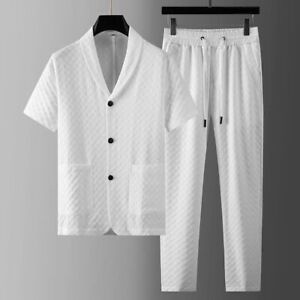 Men's Cotton Linen Walking Suit Summer Short Sleeve Casual Shirt & Pants Set NEW
