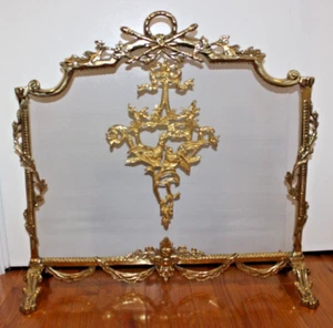 FRENCH LOUIS XVI EMPIRE STYLE ORNATE BRASS FIREPLACE SCREEN - Picture 1 of 9