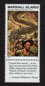 MARSHALL ISLANDS, SCOTT # 305, WITH TAB - SURRENDER OF BATAAN, DEATH MARCH 1942 - Picture 1 of 3
