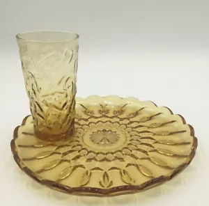 Vintage Anchor Hocking Glass Fairfield Amber Yellow Plate & Glass Cup Retro - Picture 1 of 1