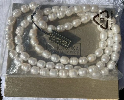 NEW in Box HONORA 10 mm Freshwater Ringed White Pearl 34” Necklace w/ .925 Clasp - Image 1 of 4