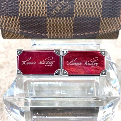 Louis Vuitton Button Cufflinks Silver Ag925 Red 13x22mm w/ Damier Leather Case - Image 1 of 4