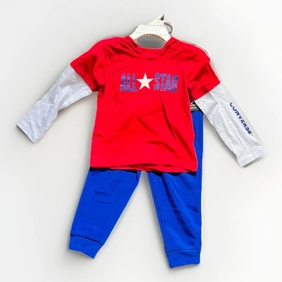 匡威 Converse All Star 2 件套慢跑套装全新带标签尺寸 24 个月红色白色蓝色 — 第 1/4 张图片