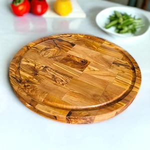 Round End Grain Pizza Cutting Board Patterned Serving Tray Large Olive Wooden UK - Picture 1 of 18