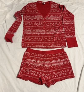 Conjunto de pijama Victorias Secret para mujer pequeño copo de nieve rojo Fair Isle vacaciones térmicas - Imagen 1 de 12