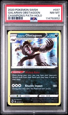 2020 POKEMON SWORD & SHIELD CHAMP'S PATH #037 GALARIAN OBSTAGOON-HOLO PSA 8 - Image 1 of 2