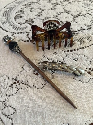 Vintage French 80s Hair Stick, Clip, Barrette Made In France Lot Of 3 - Image 1 of 4