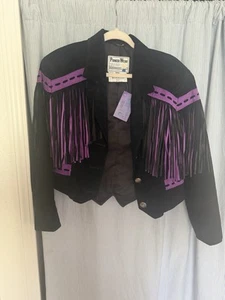 Vintage Pioneer Wear Womens Leather Fringed Western Jacket Size 10 Black Purple - Picture 1 of 3