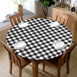 Fitable Vinyl Fitted Round Table Cover with Elastic, Black and White Checkere... - Picture 1 of 7