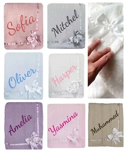 Personalised Blanket Luxury Knitted Front Sherpa Fleece Backed Baby Wrap - Picture 1 of 17