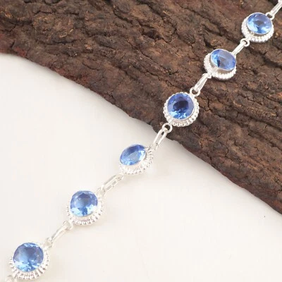 Natural Tanzanite Gemstone Chain Blue Bracelet 925 Sterling Silver Jewelry - Image 1 of 4