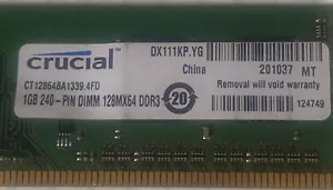 Crucial 1GB DDR3 DIMM CT12864BA1339 Memory - Picture 1 of 4