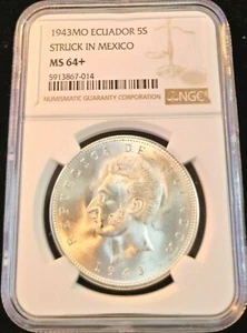 1943 Mo ECUADOR SILVER 5 SUCRES STRUCK IN MEXICO NGC MS 64+ FROSTY BU LUSTER - Picture 1 of 5