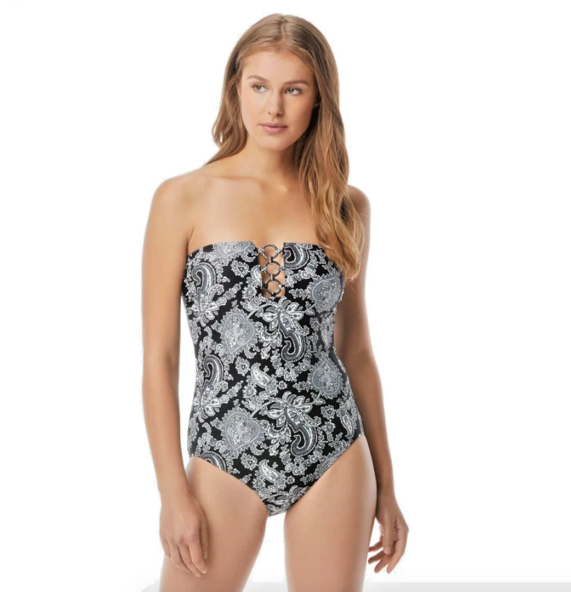 Michael Kors Sweetheart Paisley Bandeau One-piece Black Women's Size 8 61220