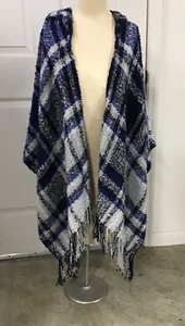 Echo Womens One Size Hooded Blue Black White Plaid Fringed Wrap Shawl - Picture 1 of 11