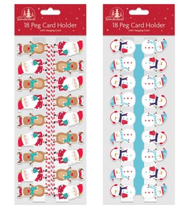 Pack Of 18 Pegs Wooden Christmas Card Holder & Hanging Cord Craft Decorations