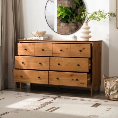 Mid Century Modern 6 抽屉双梳妆台抽屉柜木灯胡桃木 — 第 1/4 张图片