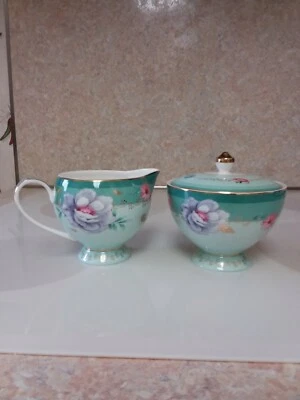 Grace's Teaware floral design, green, teal and gold creamer and sugar bowl set - Image 1 of 4
