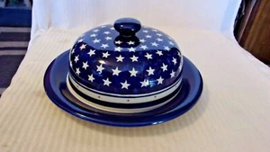 Patriotic Boleslawiec Covered Casserole Entree Dish Hand Made Poland Blue, White - Picture 1 of 8