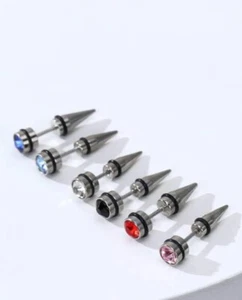 6pcs Set Mens Silver Multicolour Rhinestone Stud Round Stainless Steel Earrings - Picture 1 of 4