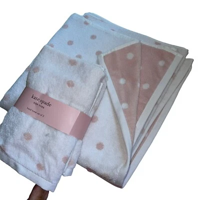 Kate Spade 1 Pink White Polka Dot Bath Towel & 2 Hand Towels Set Cotton NWT - Image 1 of 4