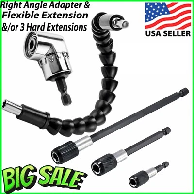 Right Angle Drill Adapter Flexible EXTENSION Bits 1/4" Hex Shank Hard Extensions - Image 1 of 4