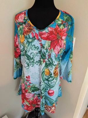 NWT One World  Sz. XL 3/4 Sleeves Stud Trim Flower Xmas Top - Image 1 of 4